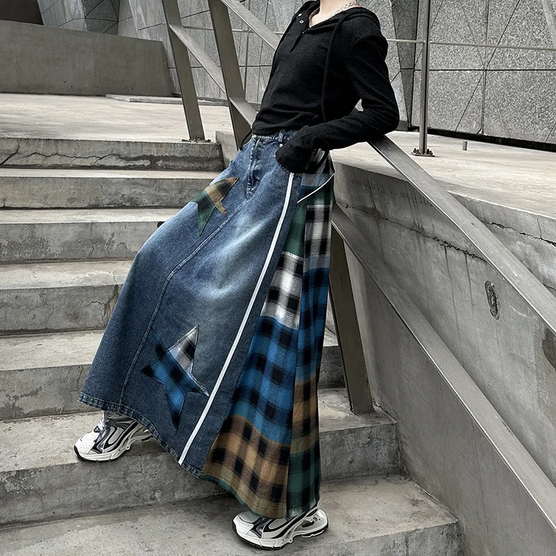 Vefadisa 2025 Spring Autumn New Orange Wash Denim Spliced Color Plaid Women Skirts Personality Fashion All-match Skirts ZXY1379A