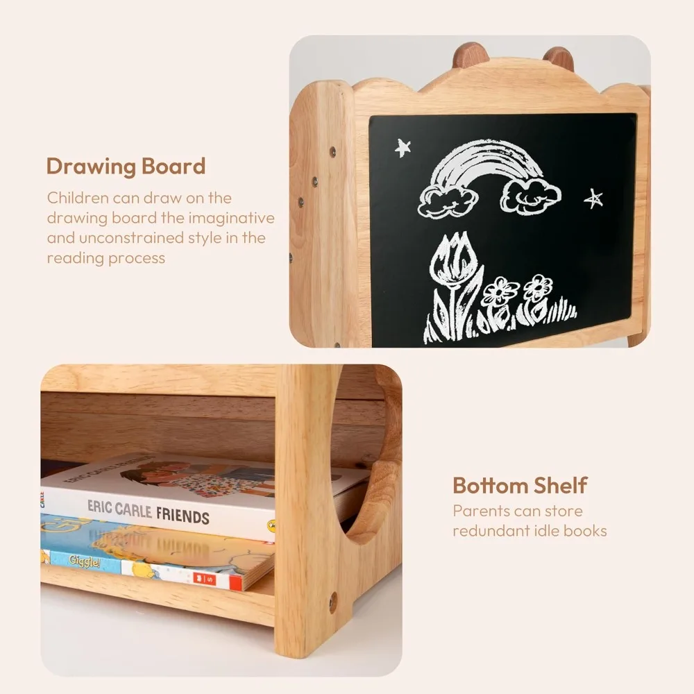 Bibliothèque en bois naturel pour enfants, bibliothèque Montessori avec tableau noir et rangement, affichage de spepour enfants T1, évaluation de livres