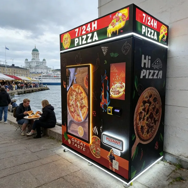 Automatic pizza vending machine with oven and refrigerator, SDK support, coin-operated, 24/7 fresh hot pizza, commercial type