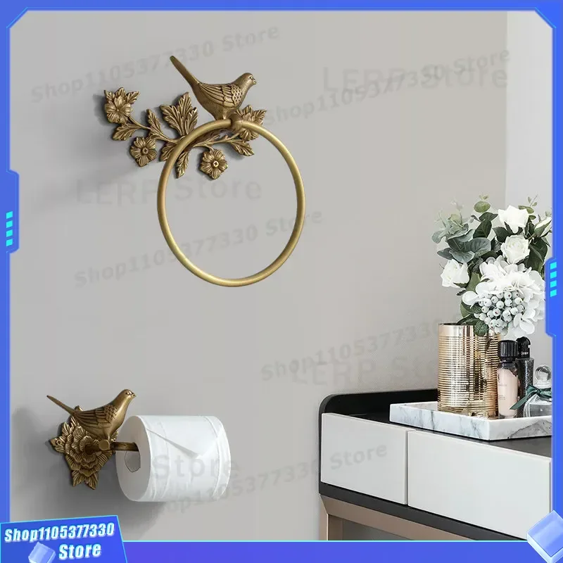 Retro Brass Bird Towel Ring No Punching Wall Mounted Bathroom Bath Towel Holder Paper Storage Curtain Hanger Decorative