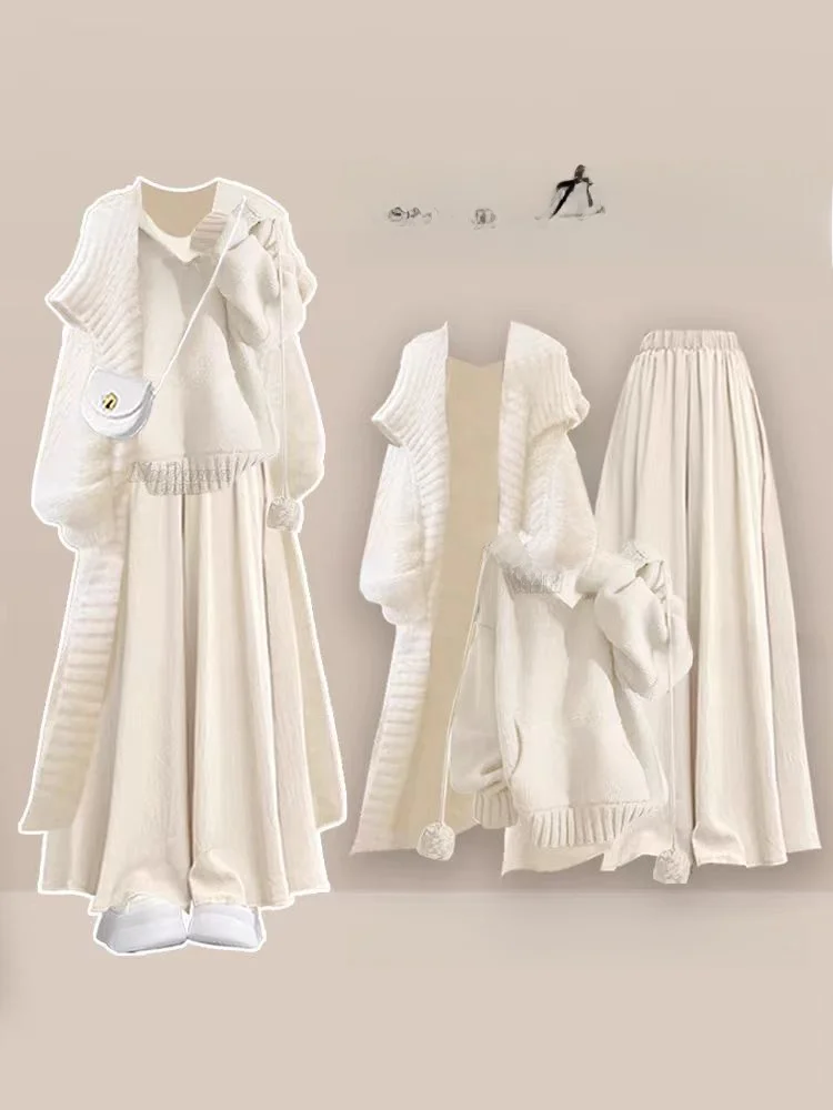 

Unique Beautiful Winter Knitted Coat Sweater Slimming Skirt Three Piece Set Versatile Long Sleeve Cotton Stand Collar Outerwear