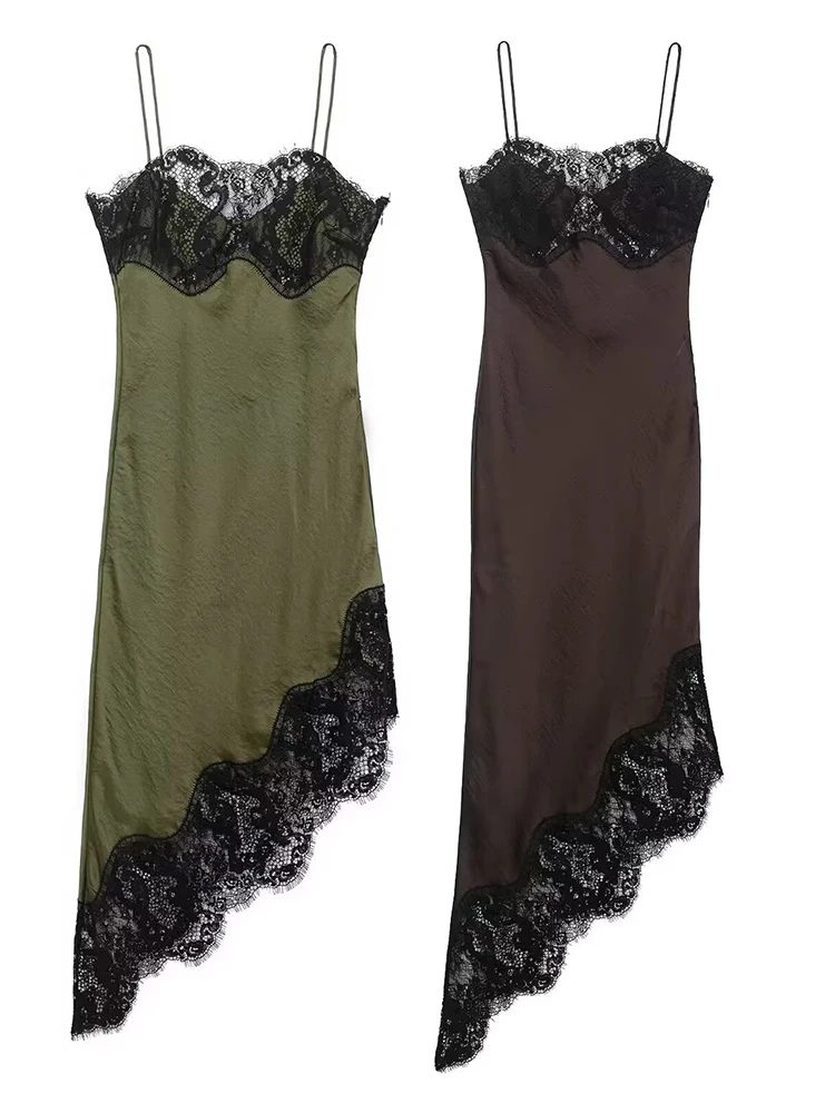 เดรสสายเดี่ยวผ้าซาตินลูกไม้แบบไม่สมมาตรสำหรับผู้หญิง รุ่น HH Spring Summer Sexy ปี 2026 ดีไซน์หรูหรา สายสปาเก็ตตี้แบบต่อผ้า เหมาะสำหรับงานปาร์ตี้และชายหาด