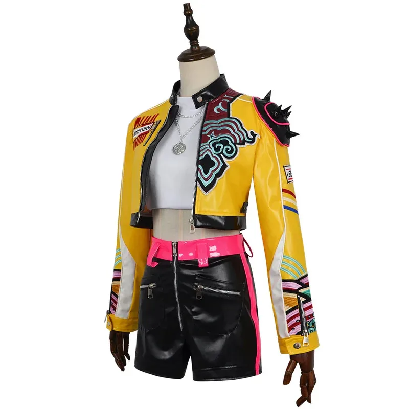 

CyKPop Охотники на демонов Руми Косплей Костюм Вышивка Желтая куртка из искусственной кожи Охотница Униформа Серьги Реквизит Хэллоуин Вечеринка Con