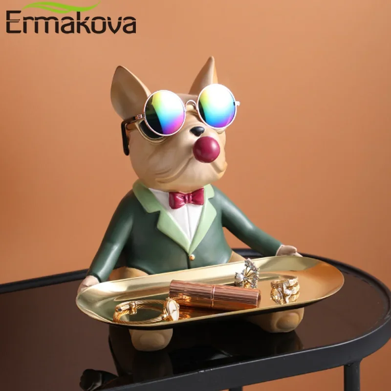 ERMAKOVA Animal Figurines,Glasses Bulldog Sculpture,Ornament,Statue,Table Decoration,Storage Metal Tray,Fruit Dish,Home Living