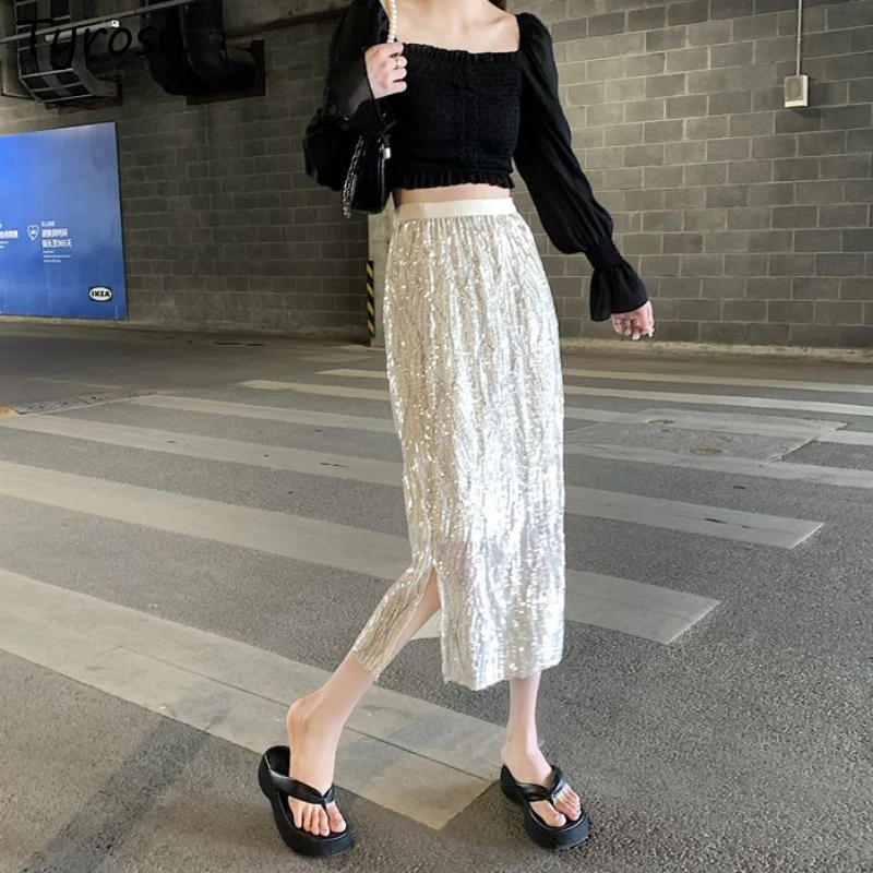 Midi Skirts Women Bling Side-slit Elegant Fashion Korean Style Temper High Waist Casual Chic Females All-match Loose Blingbiling