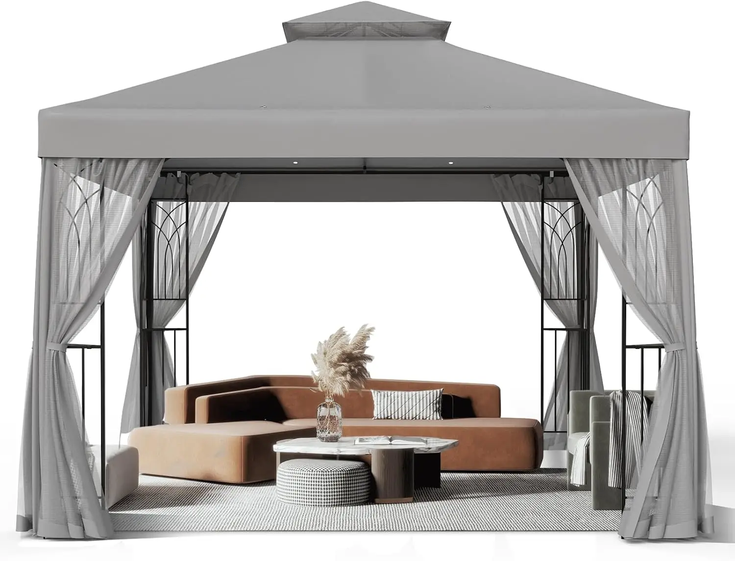 

10x10 Outdoor Gazebo Tent with Netting and Corner Shelves Double Roof Patio Gazebo with Soft Fabric Top Outdoor Pavilion for Bac