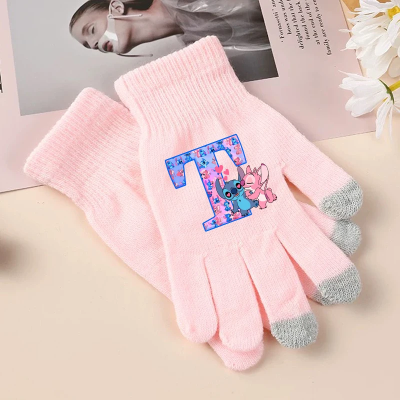 Stitch Angel Cute Gloves Girls Disney Anime Letter A-Z Screen Gloved Kids Winter Warm Fashion Accessories Children Birthday Gift