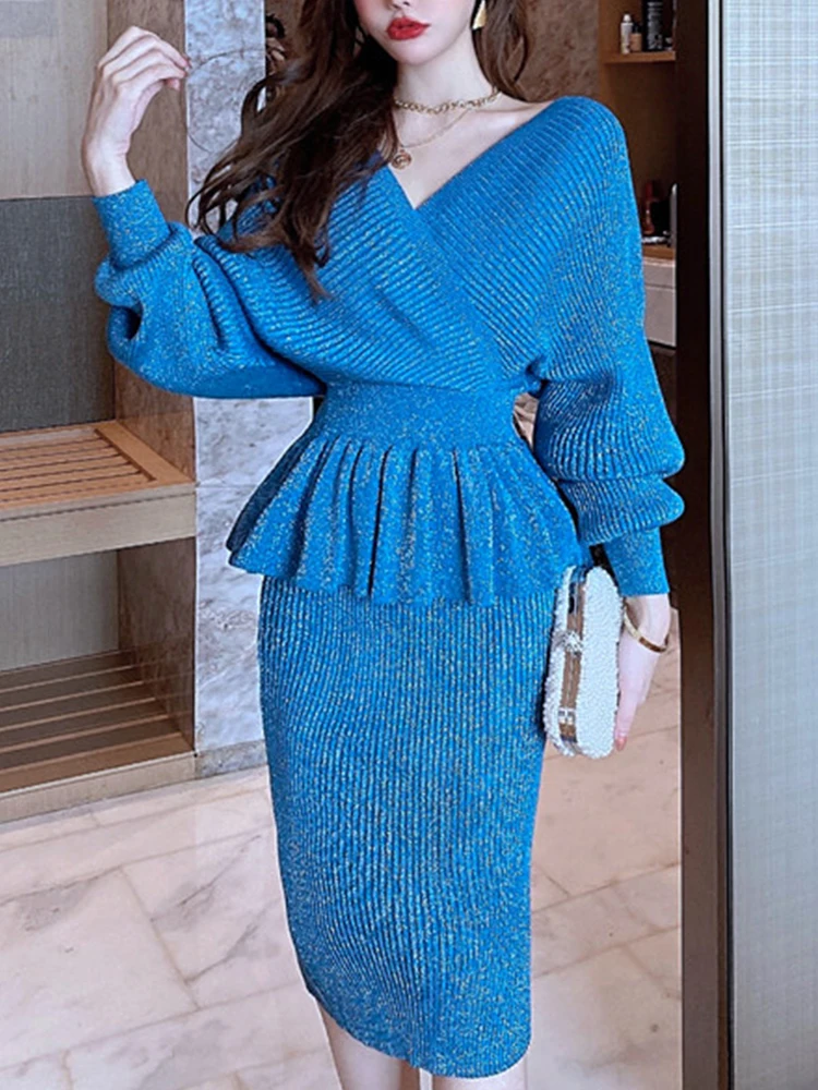 

Autumn Winter Celebrity Temperament Sweet 2 Piece Outfits Knitted Long Sleeve Ruffles Sweater Tops Jacket Midi Skirt Street Sets