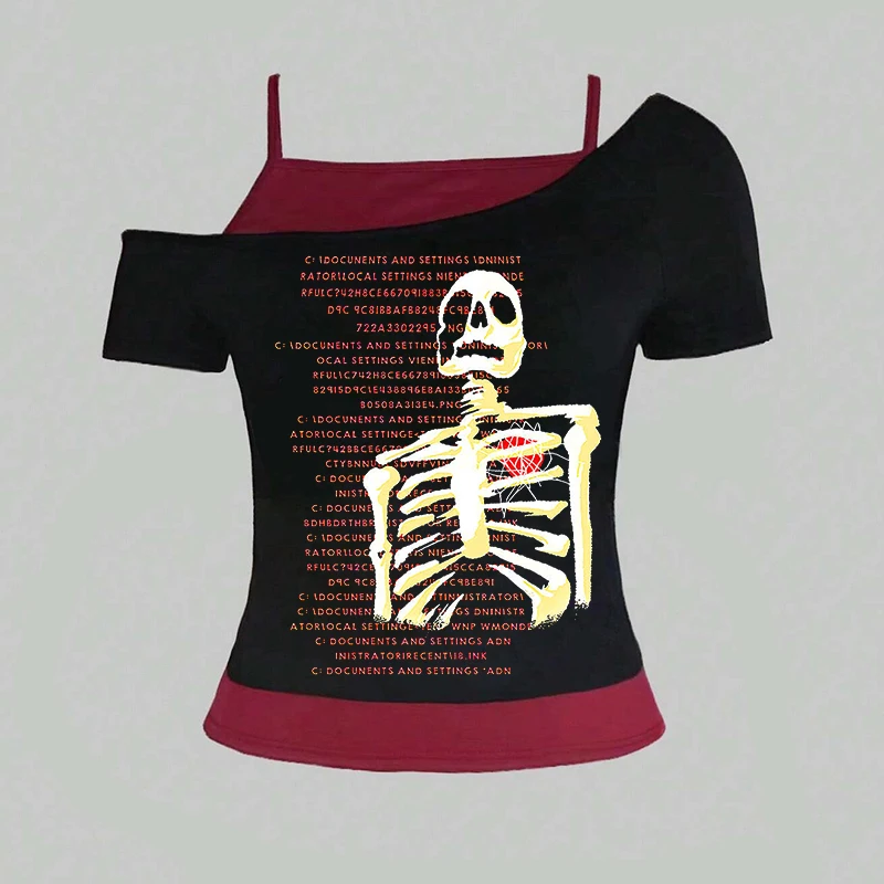 أنماط صيفية جديدة، قطعتين مزيفتين، تباين الألوان الرجعية، طباعة جمجمة فريدة من نوعها، تي شيرت، قميص نسائي ضيق #1