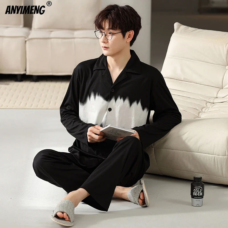 Autumn Winter Men Cotton Pajamas Long Sleeves Long Pants Black and White Pajama Sets Plus Size L-3XL Lapel Man Sleepwear