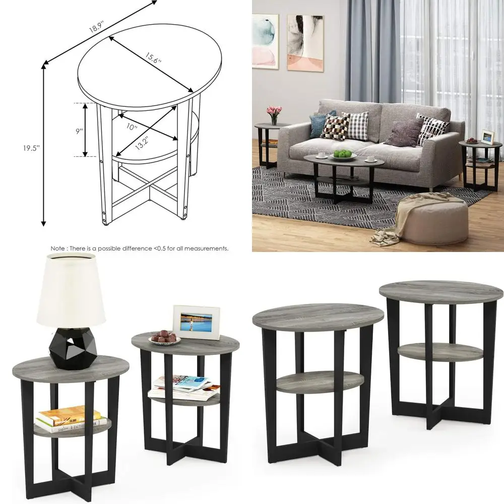 

2-Tier Round Side Table Set, Oval Top Nightstand with Open Shelf, French Oak Finish for Living Room or Bedroom