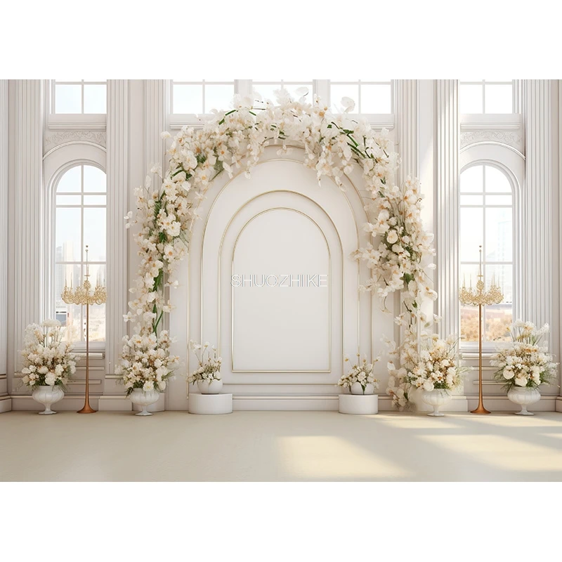 Aesthetic Flower Wreath Decoration Indoor White Background Fantasy Wedding Curtain Photography Backdrop Photo Studio Props SG-13