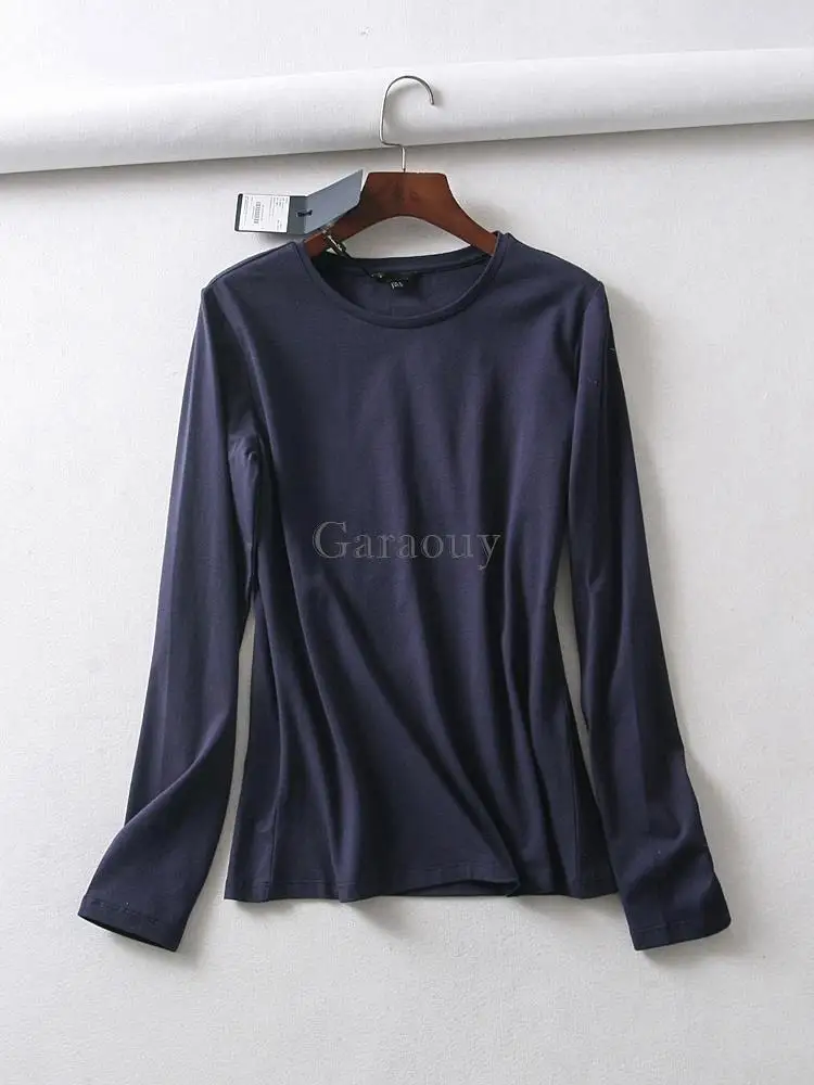 Garaouy 2023 Women High Quality Basic Cotton T Shirt Long Sleeve O Neck Tees Ladies Tee Shirt Street Wear Top Mujer De Moda