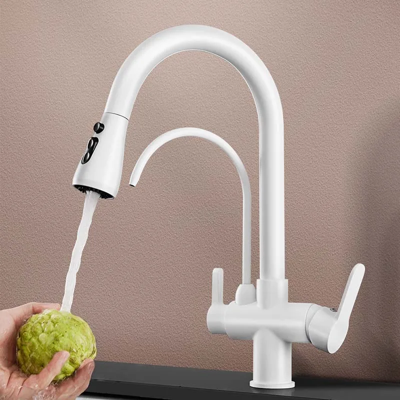 Hot Cold Pull Out Filter Kitchen Sink Faucets 3 Ways Pure Water Pull Down Kitchen Mixer Tap White Brass Hot Cold Kitchen Faucet