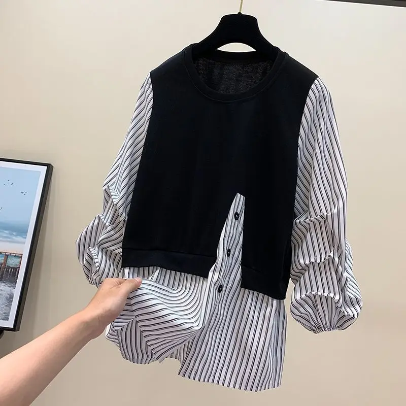 

Hong Kong Style Retro Striped Men's Shirt Trendy Brand Fake Two-Piece Autumn Winter New Style Loose Fit Color Block Long Sleeve