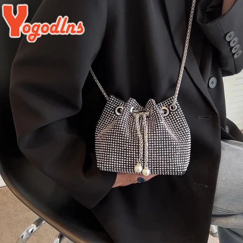 Yogodlns Fashion Rhinestones Shoulder Bag Women Drawstring Bucket Crossbody Bag Luxury Crossbody Bag Fashion Lady Handbag sac