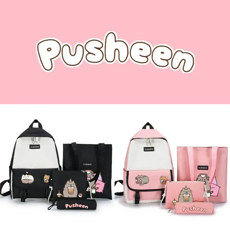 

4pcs Pusheen Harajuku Backpack Kawaii School Bag Cute Bagpack Bookbag Laptop Bag for Teenage Girls Students Bag Rucksack