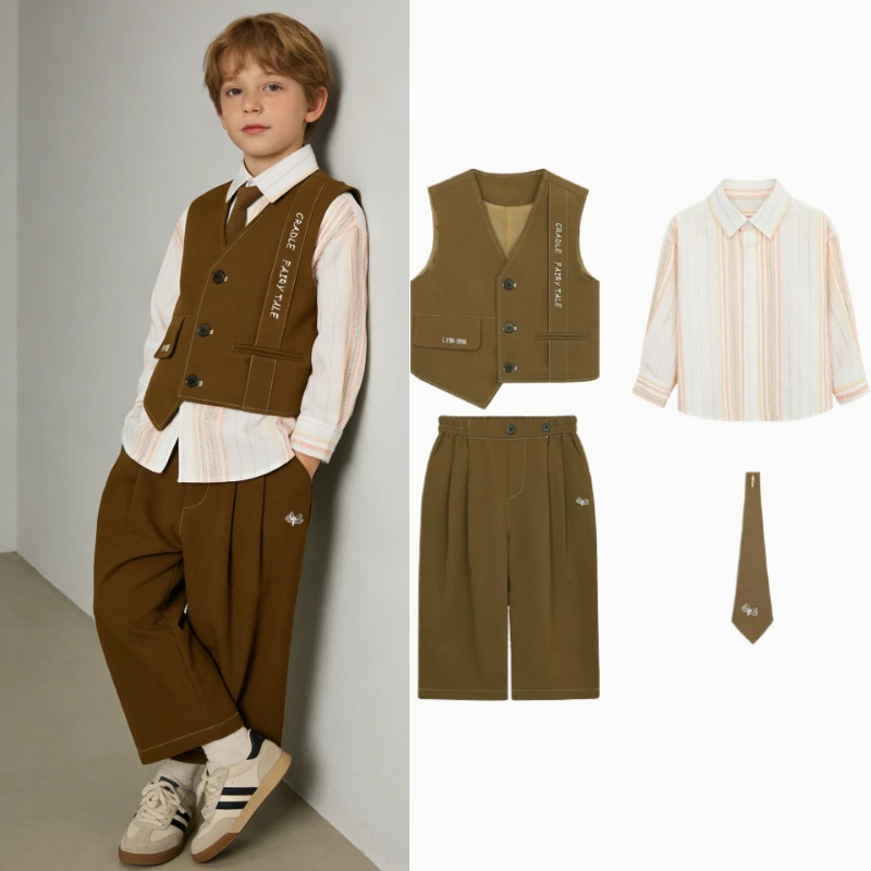 2026 Spring Boys Embroidered Vest Suit Set Kids Casual Formal Outfit with Striped Shirt Tie Pants for Wedding Host Performance