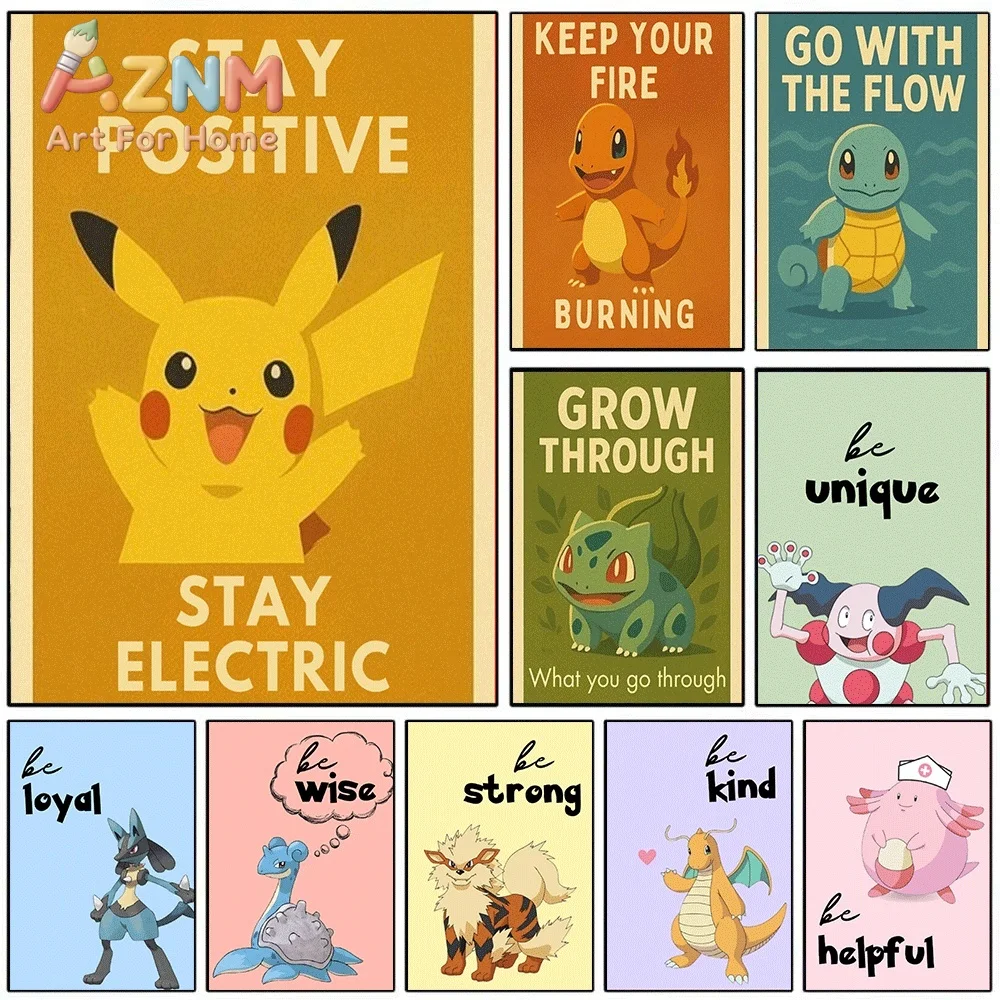 2D Flat Posters & Prints,Pikachu Positive Quote Vintage Canvas Wall Art,2D Flat Frameless Anime Monster Print,Home Decor for K