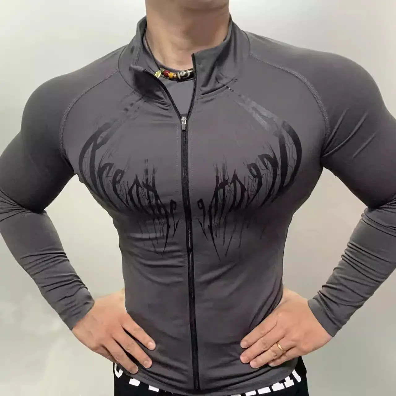 

Эластичный облегающий спортивный кардиган на молнии с длинными рукавами для фитнеса в готическом стиле для мужчин и женщин