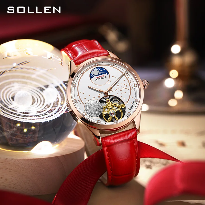 

SOLLEN Fashion Women Watch Automatic Mechanical Tourbillon Watches Red Leather 30M Waterproof Luminous 2023 New Reloj Mujer 465