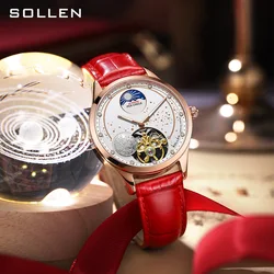 SOLLEN Fashion Women Watch Automatic Mechanical Tourbillon Watches Red Leather 30M Waterproof Luminous 2023 New Reloj Mujer 465