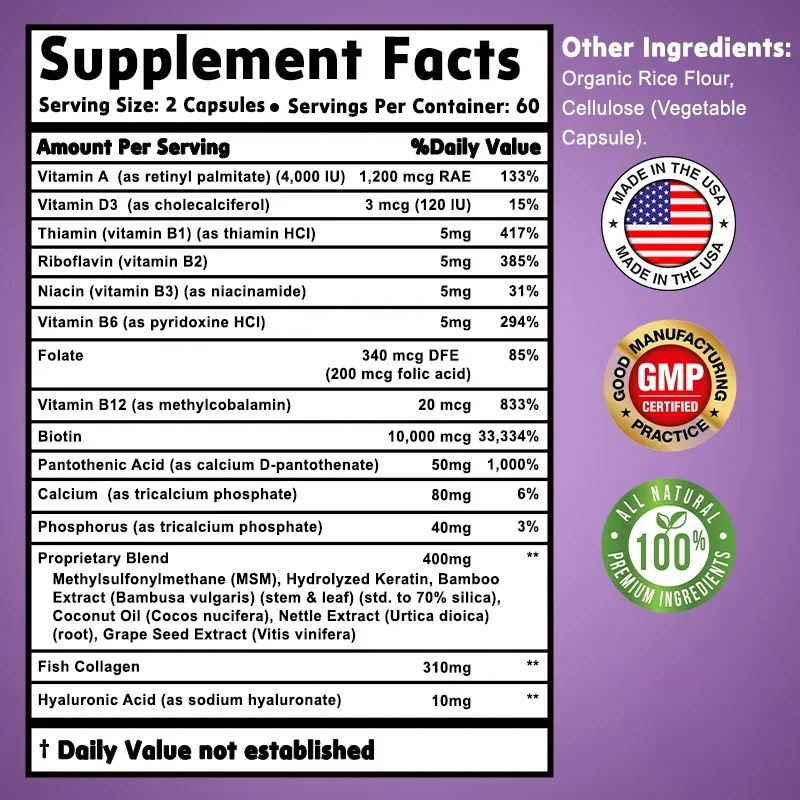 Biotin | Collagen | Keratin | Hyaluronic Acid - Supports Hair Growth, Healthy Skin and Nails, and Boosts Immune Function - Image 2