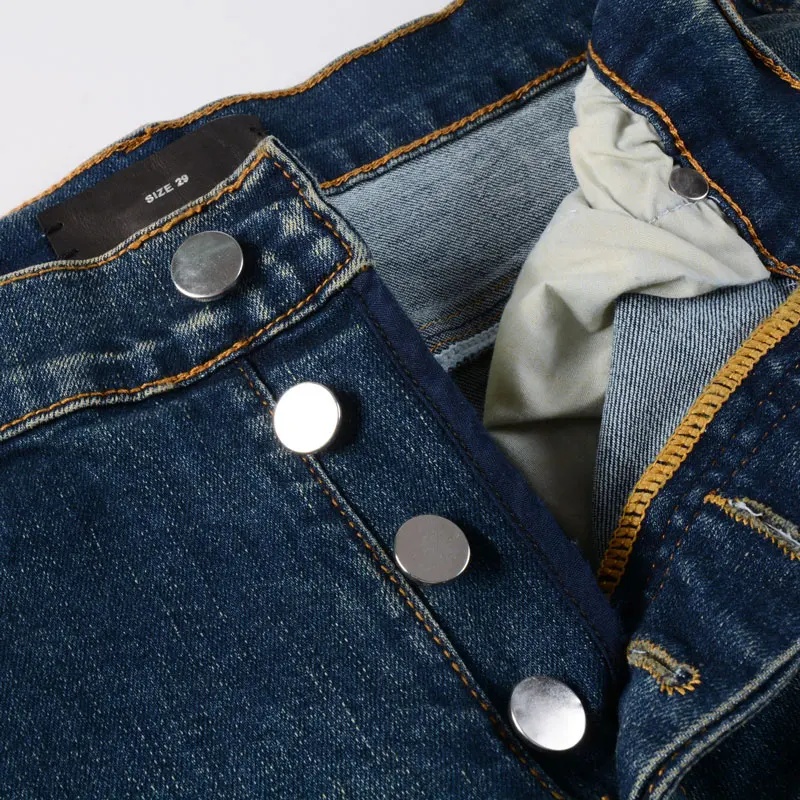Latest designer fashion new men's jeans stretch slim fit retro blue jeans with hole patch high street hip-hop brand high-quality