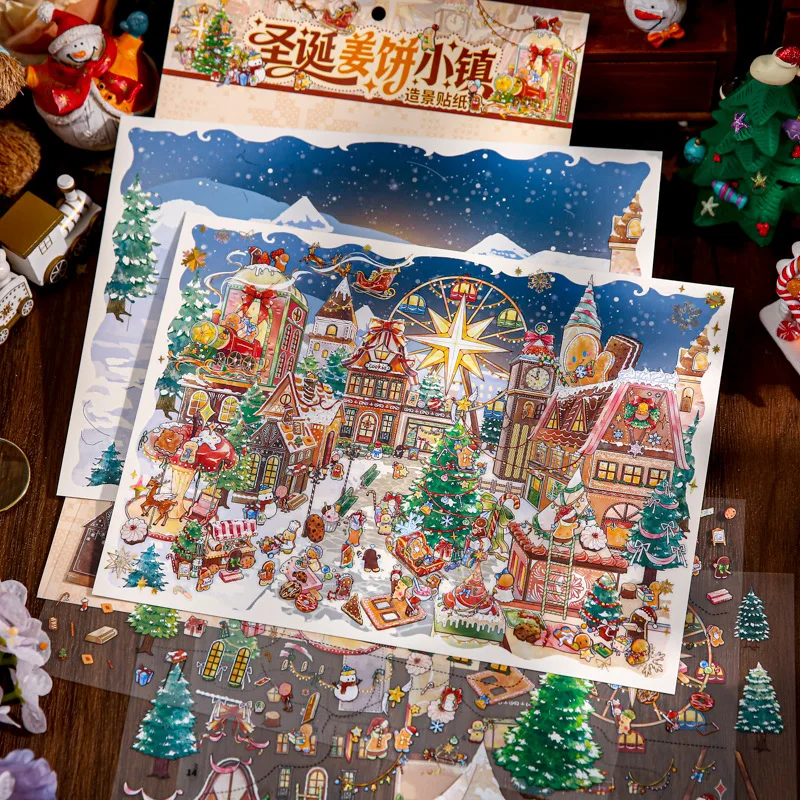 6Pcs Winter Christmas Town Landscape PET Stickers, Gingerbread House Ferris Wheel Scenery Sticker for Journaling Collage