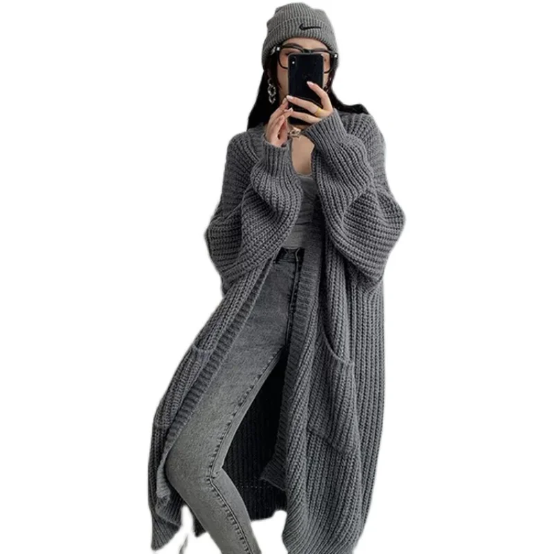 

plus Size Medium Length ey Knitted Open Cardigan Sweater Women Outerwear Autumn Winter Lazy Sle Loose Fat MM Thiened Coat