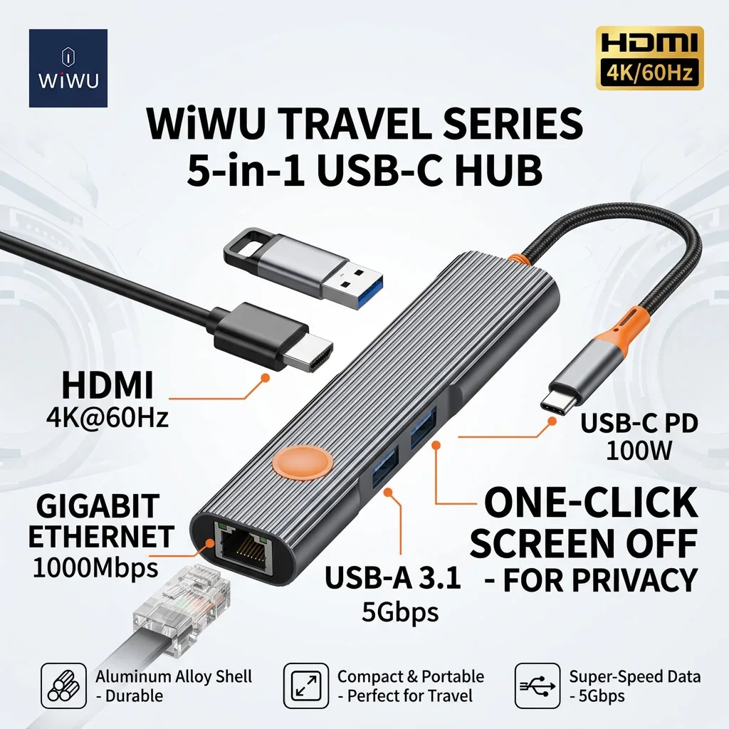 WiWU 5‑in‑1 USB‑C Hub Docking Station 4K@60Hz HDMI 100W PD Charging Gigabit Ethernet RJ45 5Gbps USB‑A Adapter For Laptop PC