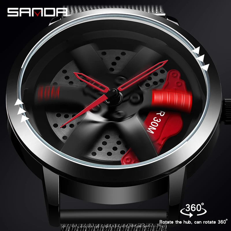 Imagem -03 - Sanda-mens 3d Real Mesh Band Ver Relógios Impermeáveis Car Rim Design Quartzo Esportes Rotação 360 Original P1075