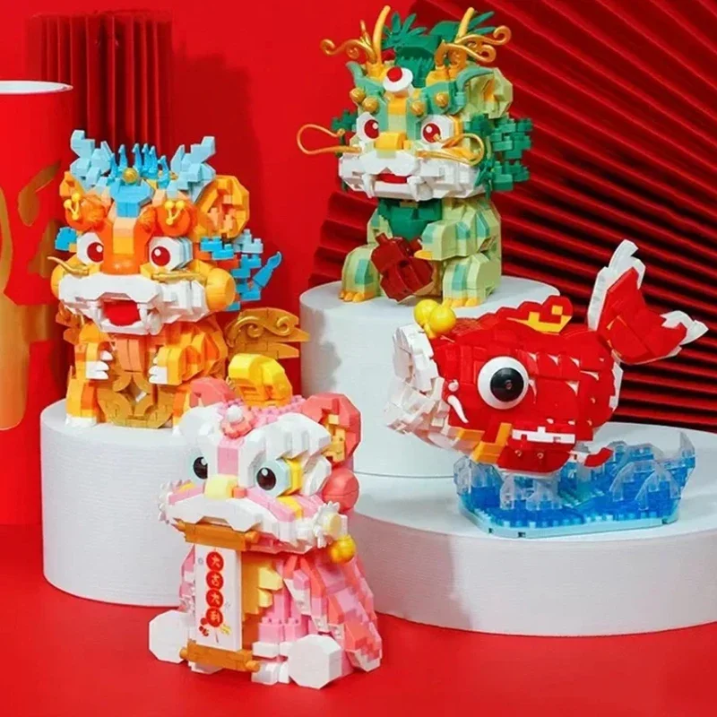 Balody New Year Mythical Beast Pi Xiu Lion Dance Dragon Koi Carp Pet Animal Doll Mini Diamond Blocks Bricks Building Toy No Box