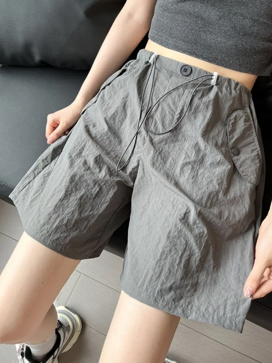 ey Workwear ort Pants Women's Winter Thin High Waist Casual Wide Leg Design Qui Dry Sports American Five-Quarter Pants