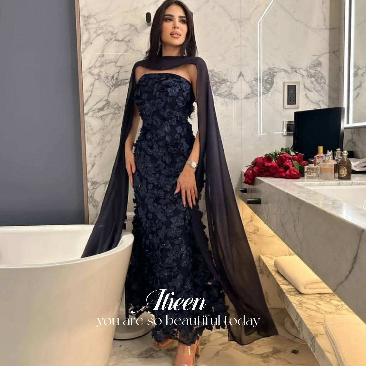 Aileen Navy Blue Party Dress Women Elegant Luxury Evening Dresses for Women 2024 3D Flowers Luxurious Eid Al-fitr Ball Gown Prom