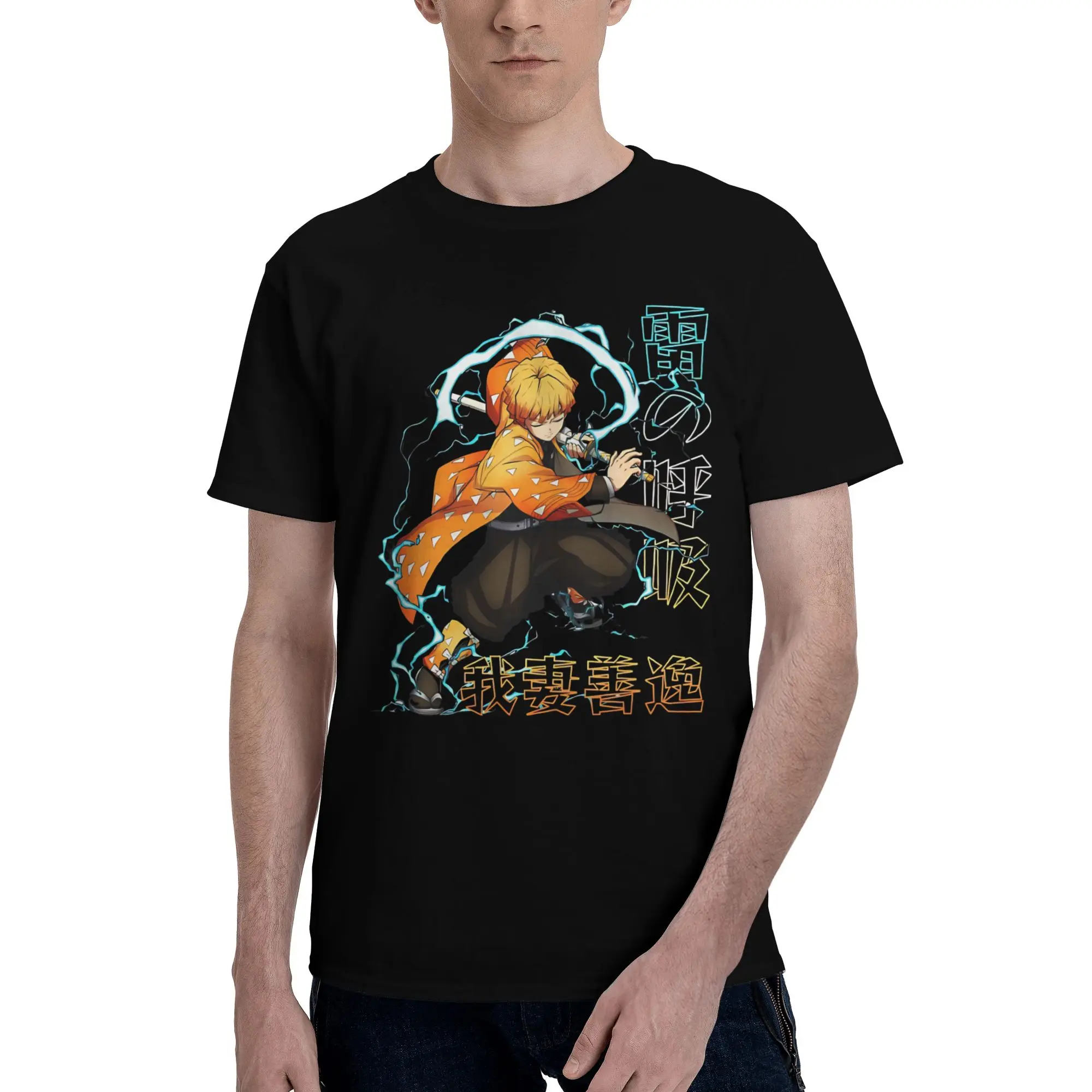 zenitsu   Funny Graphic 100% Cotton T-Shirt Bandai Demon Slayer Tees Tops For Men