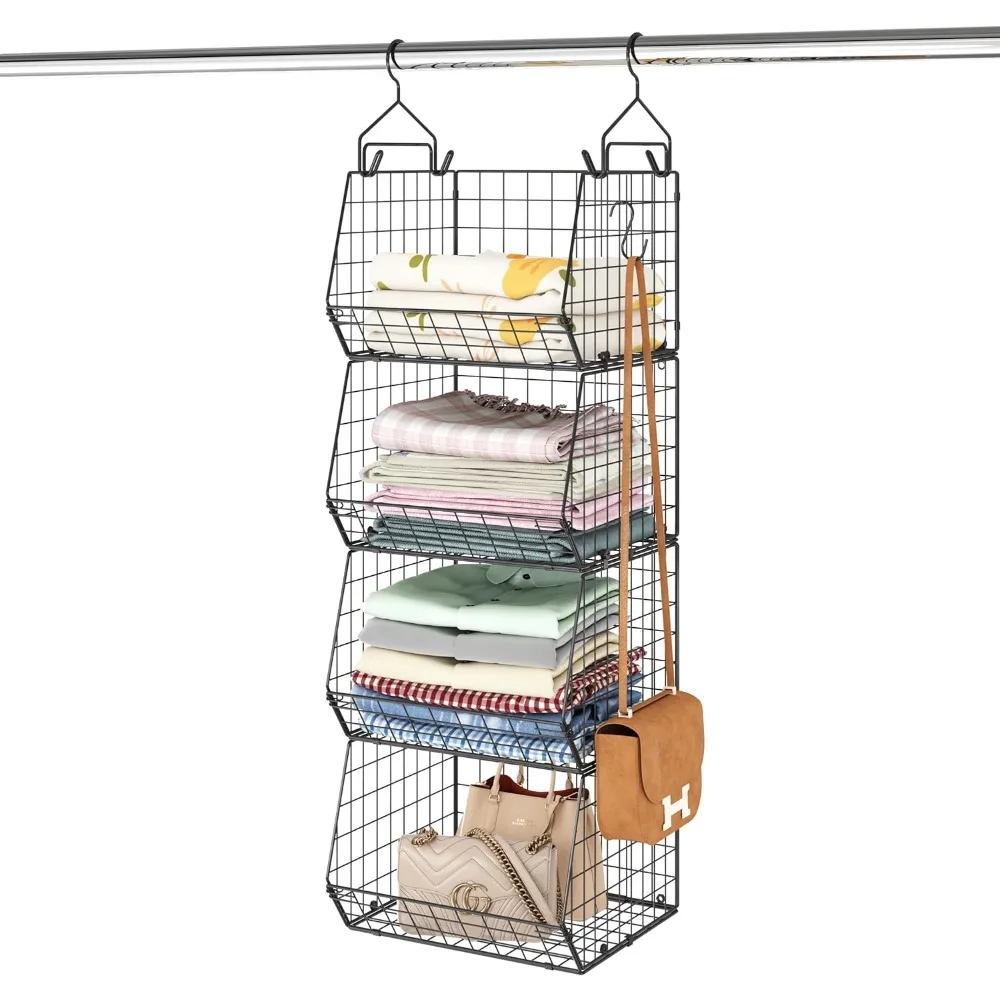 

4 Tier Foldable Closet Organizer, Clothes Shelves with 5 S Hooks, Wall Mount&Cabinet Wire Storage Basket Bins, for Clothing