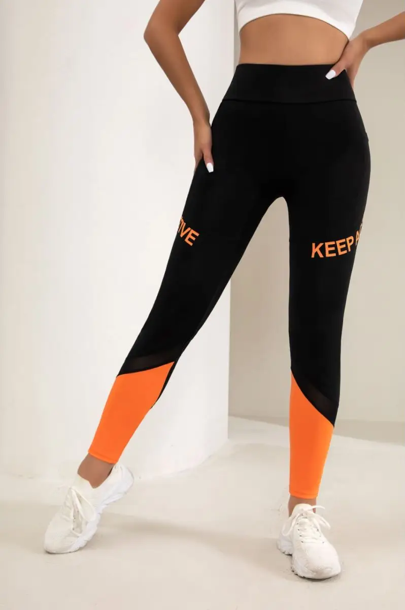 Fitness pants, orange mesh patchwork running pants, high waisted belly tightening leggings, elastic sports pants, yoga pants, ca