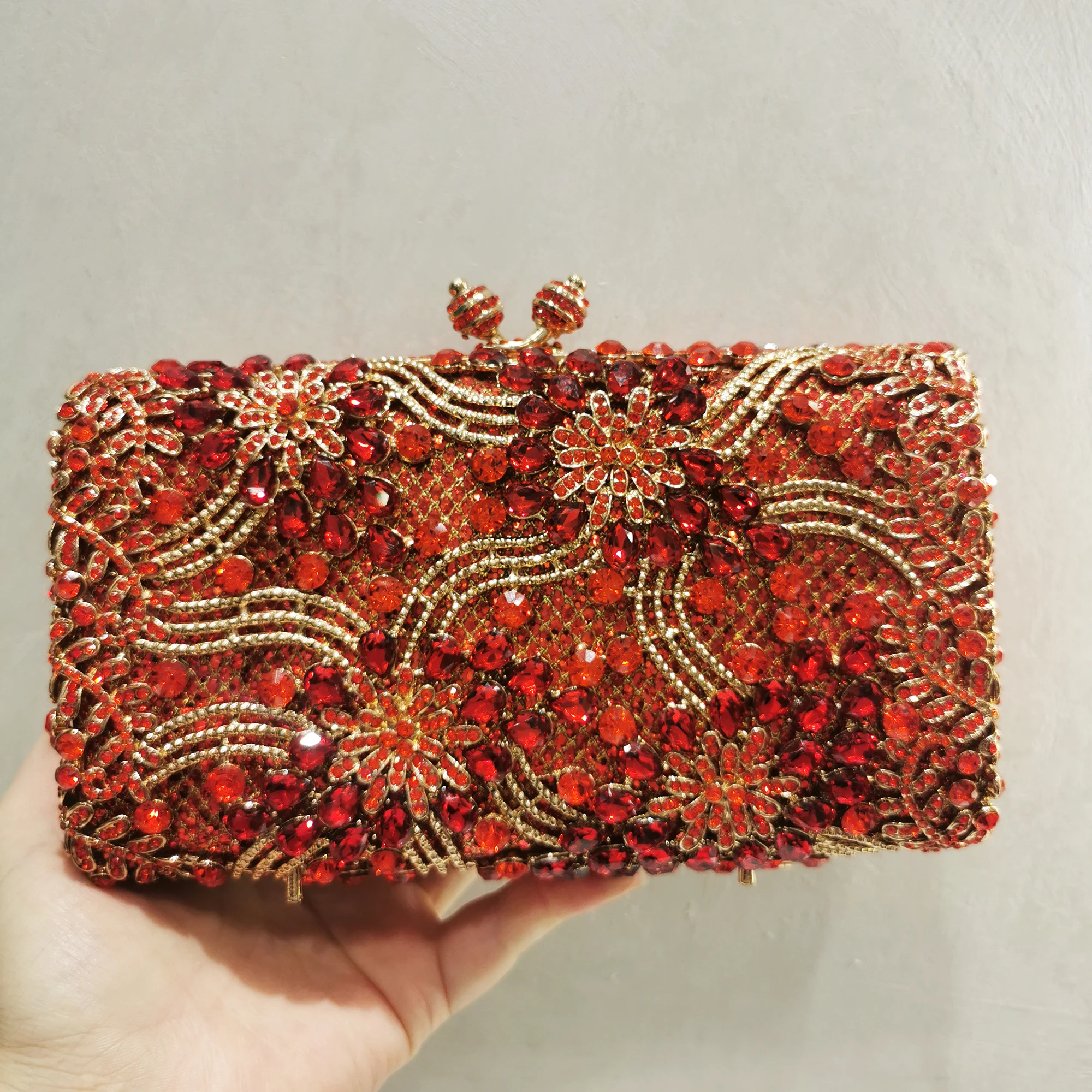 

XIYUAN Women Purple Orange Stones Clutch Purse Lady Evening Minaudiere Bags Wedding Party Bridal Rhinestone Handbags Floral Bags