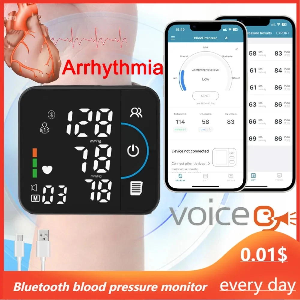 Bluetooth ses bilek kan basıncı monitörü USB şarj edilebilir büyük ekran tonometre dijital tansiyon aleti baumanometer