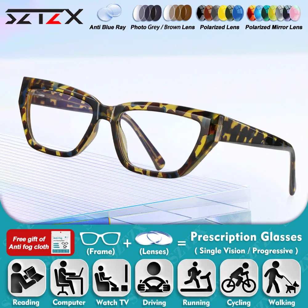 

SZTZX Currents Cat Eye Women Myopia Photochromic Reading Glasses High Quality Anti Blue Ray Progressive Prescription Eyeglasses