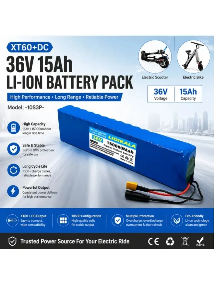 36V 10S3P Lithium-Ionen-Akku, 150000mAh wiederaufladbarer Ersatzakku mit BMS-Schutz, Bullet-SM-Anschluss für Elektroroller, E-Bike, Hoverboard, Elektrorollstuhl, Solarenergiespeicher