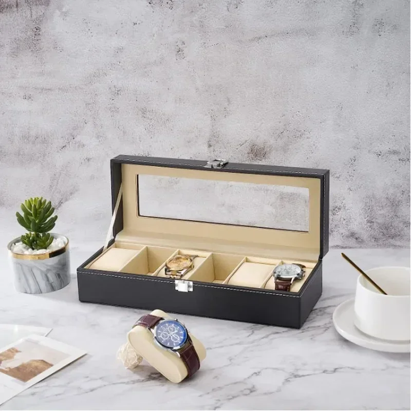 Hot Sale PU Leather Display Storage Collection Organizer watch box Case With Glass Top Slot Men Watch Bracket Display Box Gifts