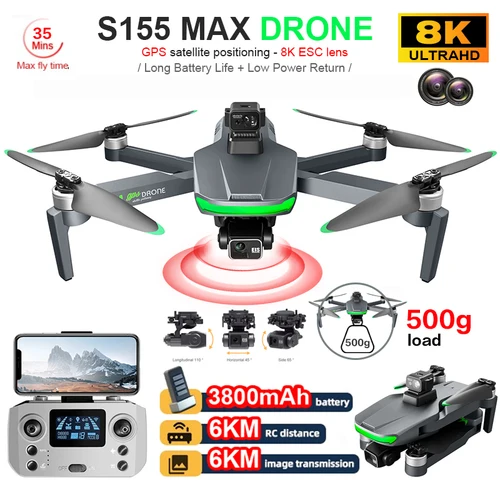 Dron profesional S155 con cardán de tres ejes, fotografía aérea HD, GPS, retorno automático, Motor sin escobillas para evitar obstáculos 360