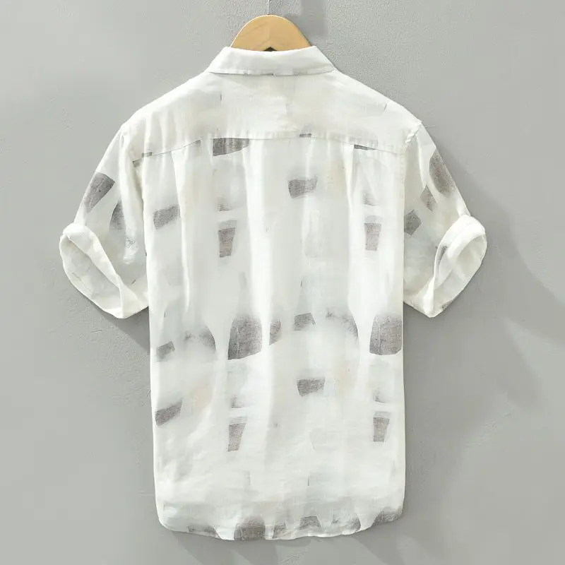 Men's Summer Pure Linen Short-sleeved Shirt Small Fresh Trendy Handsome Thin Top