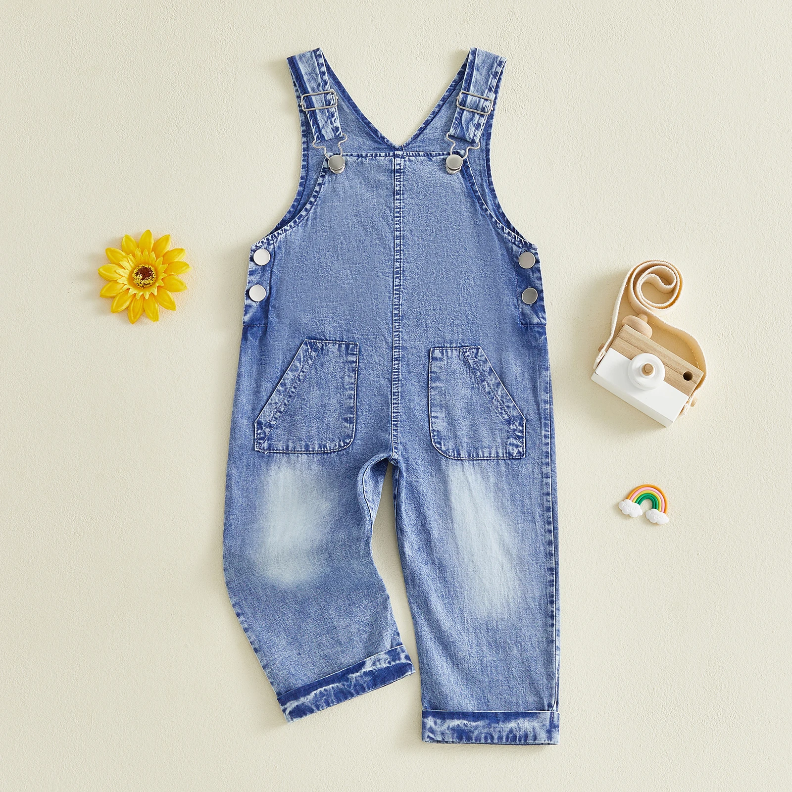 1-5Y Toddler Girls Boys Denim Overalls Sleeveless Square Neck Full Length Romper with Pocket Fashion Kids Overalls Trousers