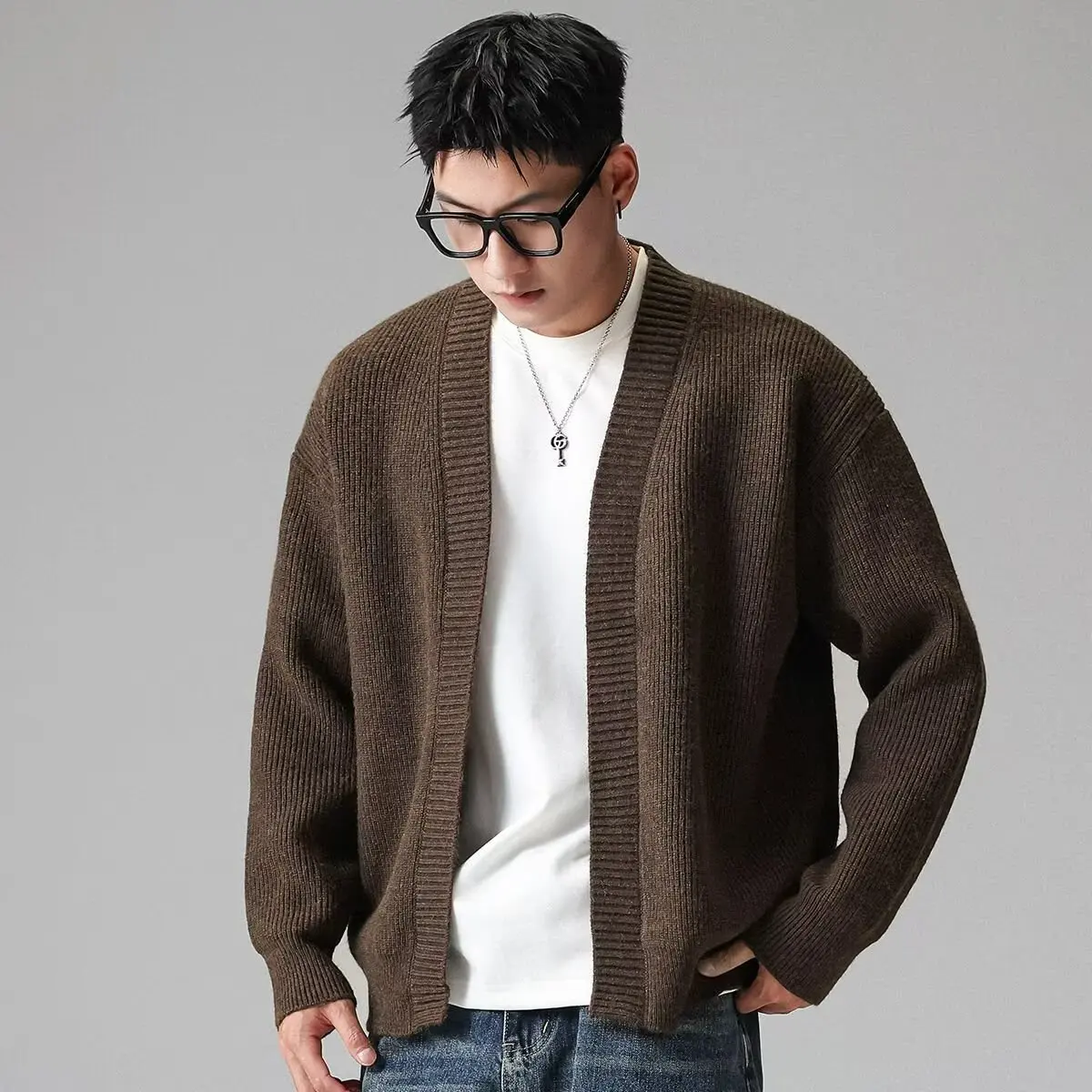 Pull tricoté décontracté V-Ne pour hommes Jaet oulder Cardigan ouvert couleur pure vêtements d'extérieur automne Faionable coupe ample polyester...