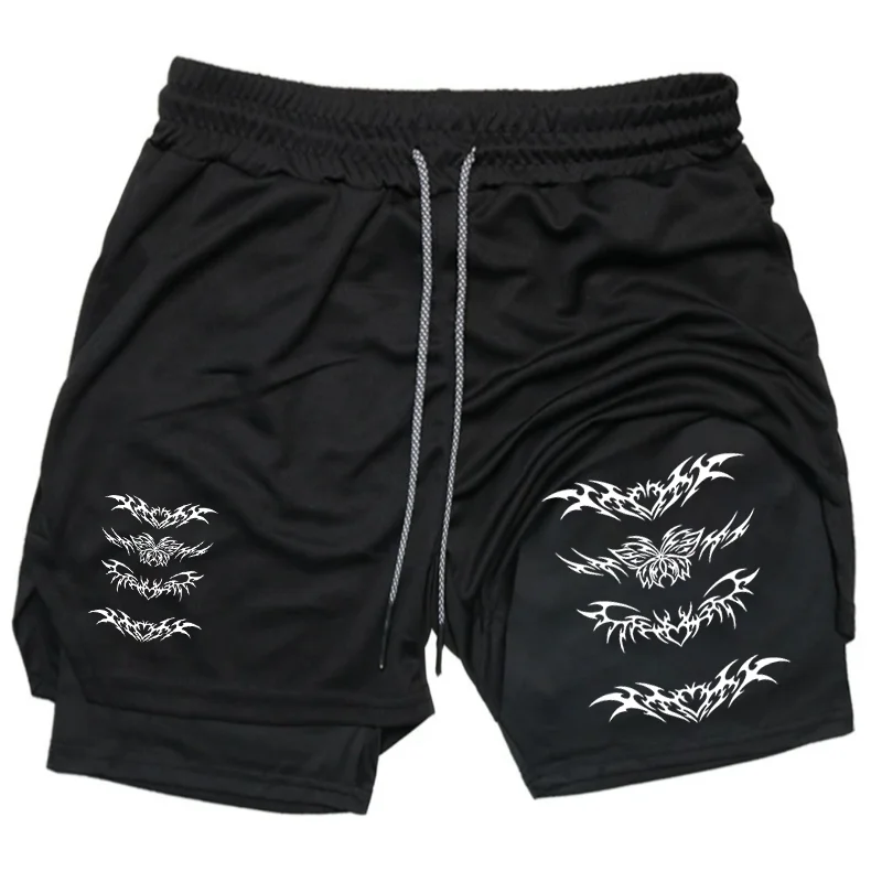 

Мужские шорты 2-в-1 с крутым принтом, для тренировок и фитнеса, с карманом для телефона, летняя спортивная одежда, дышащие, быстросохнущие, для бега и занятий в спортзале