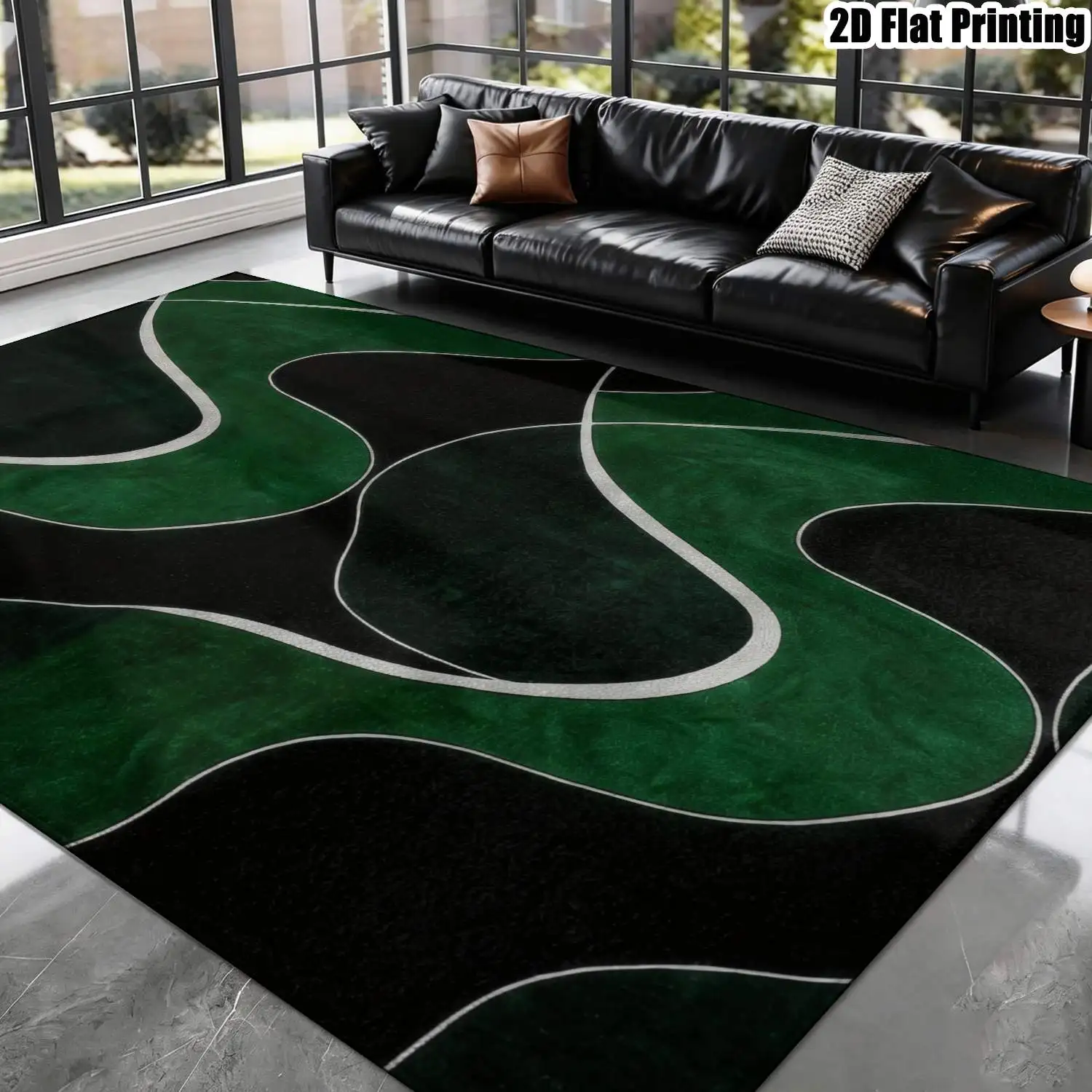 1Pc 2D Printed Carpet: Dark Green White Curved Abstract Art, Modern Minimalist Nordic Instagram Style Floor Mat, Geometric Line Home Decor, Machine Washable, Multi-Size, for Living Room, Bedroom, Dining Room, Entrance, Study