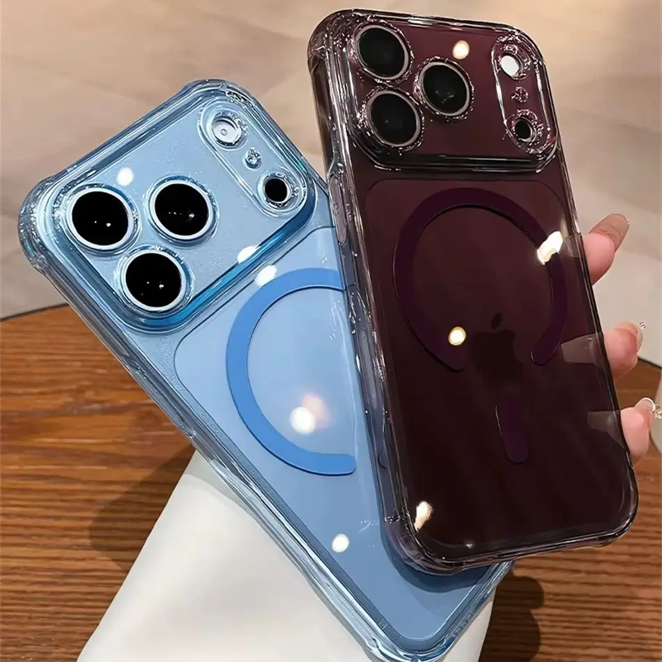 Funda magnética de lujo para iPhone 18 y 17 Pro Max, de color burdeos, transparente, resistente a los golpes y con protección para la carga inalámbrica MagSafe.